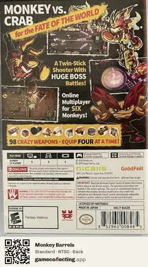 Monkey Barrels Nintendo Switch, NTSC box back