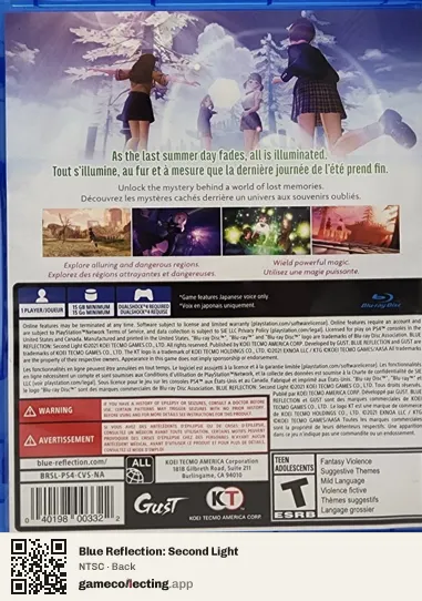Blue Reflection: Second Light PlayStation 4, NTSC box back