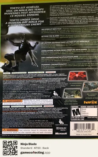 Ninja Blade Xbox 360, NTSC box back
