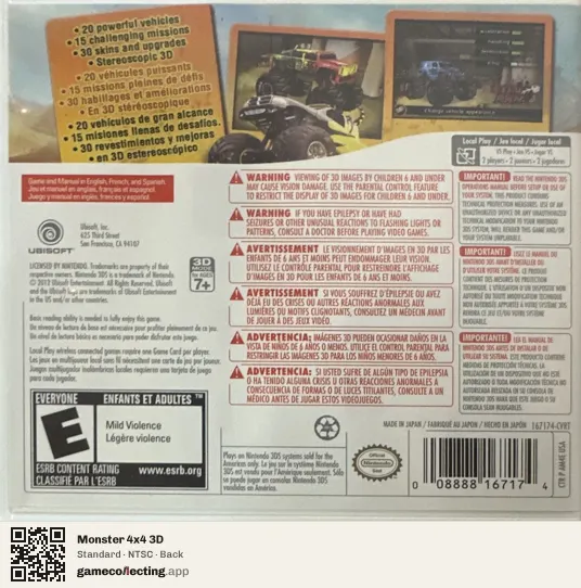 Monster 4x4 3D Nintendo 3DS, NTSC box back