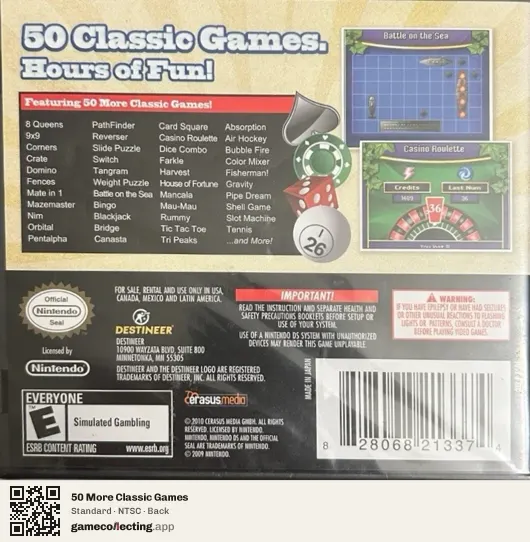 50 More Classic Games Nintendo DS, NTSC box back