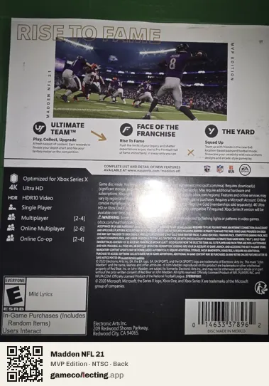 Madden NFL 21 Xbox One, NTSC box back