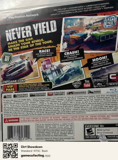 Dirt Showdown PlayStation 3, NTSC box back