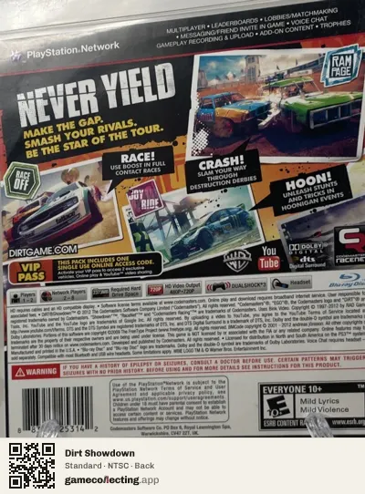 Dirt Showdown PlayStation 3, NTSC box back