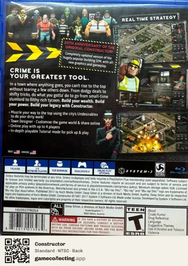 Constructor PlayStation 4, NTSC box back