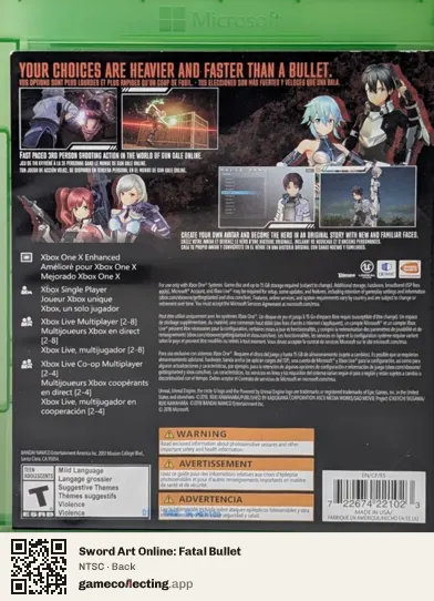 Sword Art Online: Fatal Bullet Xbox One, NTSC box back