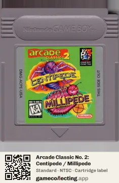 Arcade Classic No. 2: Centipede / Millipede Game Boy, NTSC cartridge label