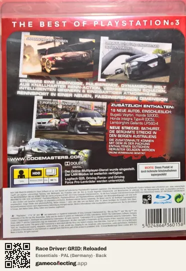 Race Driver: GRID: Reloaded PlayStation 3, Germany box back