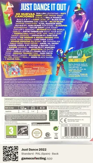 Just Dance 2022 Nintendo Switch, Spain box back