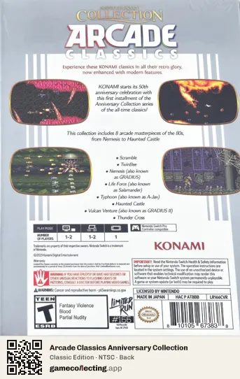 Arcade Classics Anniversary Collection Nintendo Switch, NTSC box back
