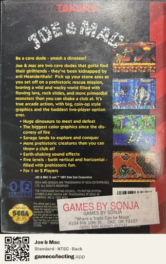 Joe & Mac Sega Mega Drive / Genesis, NTSC box back
