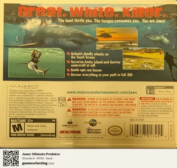 Jaws: Ultimate Predator Nintendo 3DS, NTSC box back