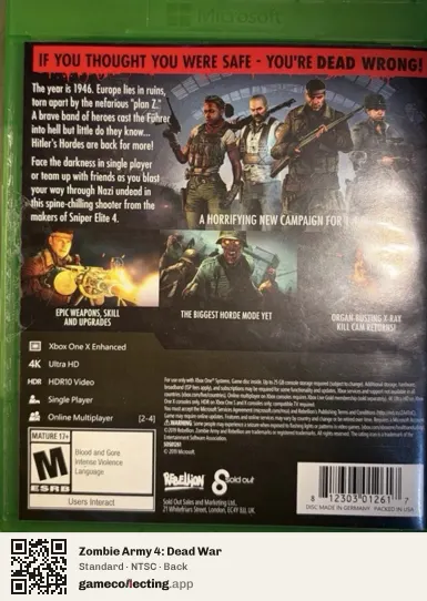 Zombie Army 4: Dead War Xbox One, NTSC box back