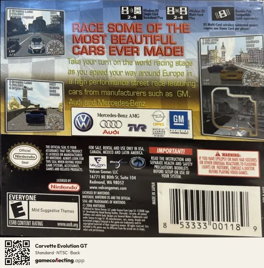 Corvette Evolution GT Nintendo DS, NTSC box back