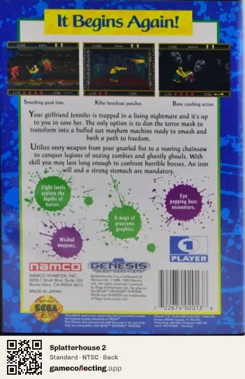 Splatterhouse 2 Sega Mega Drive / Genesis, NTSC box back