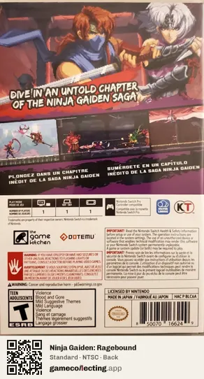 Ninja Gaiden: Ragebound Nintendo Switch, NTSC box back