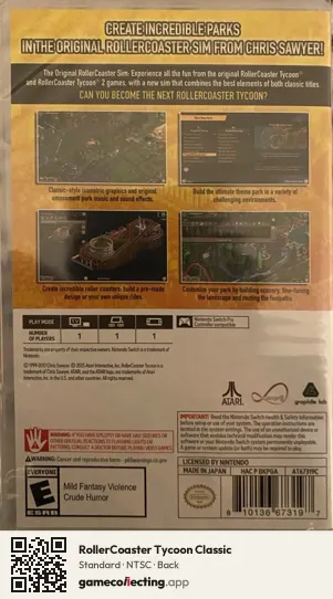 RollerCoaster Tycoon Classic Nintendo Switch, NTSC box back