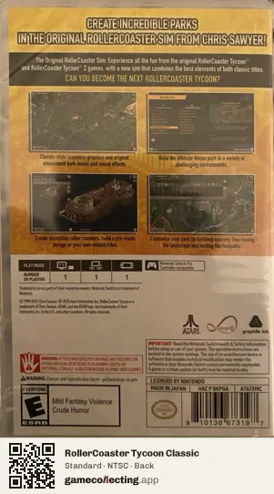 RollerCoaster Tycoon Classic Nintendo Switch, NTSC box back