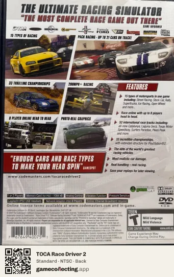 TOCA Race Driver 2 PlayStation 2, NTSC box back