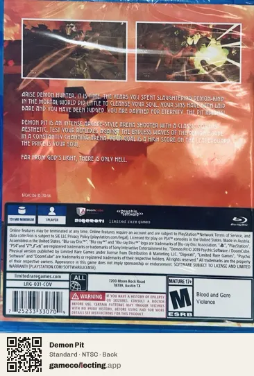 Demon Pit PlayStation 4, NTSC box back