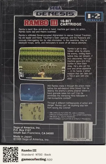 Rambo III Sega Mega Drive / Genesis, NTSC box back