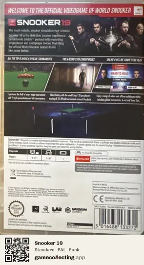 Snooker 19 Nintendo Switch, PAL box back