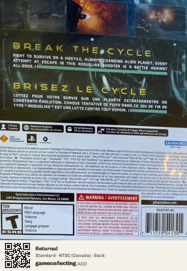 Returnal PlayStation 5, Canada box back