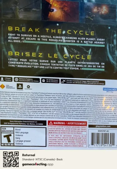 Returnal PlayStation 5, Canada box back