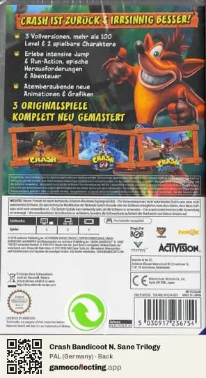 Crash Bandicoot N. Sane Trilogy Nintendo Switch, Germany box back
