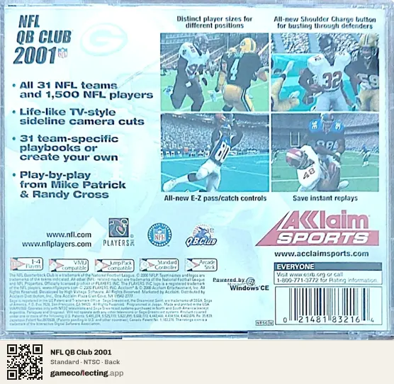 NFL QB Club 2001 Sega Dreamcast, NTSC box back