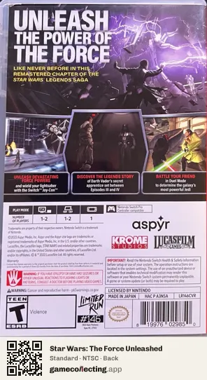 Star Wars: The Force Unleashed Nintendo Switch, NTSC box back