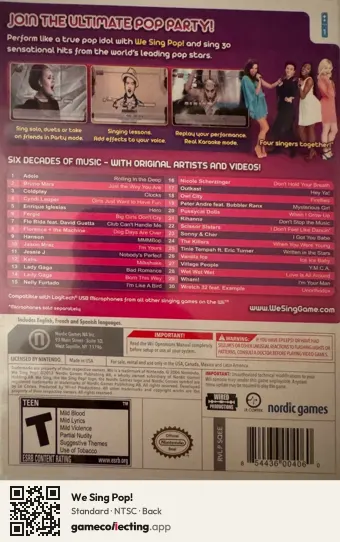 We Sing Pop! Nintendo Wii, NTSC box back