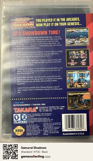 Samurai Shodown Sega Mega Drive / Genesis, NTSC box back