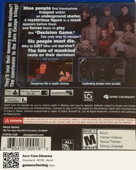 Zero Time Dilemma PlayStation Vita, NTSC box back