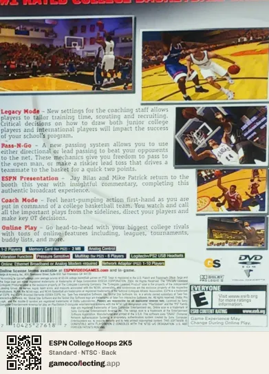 ESPN College Hoops 2K5 PlayStation 2, NTSC box back