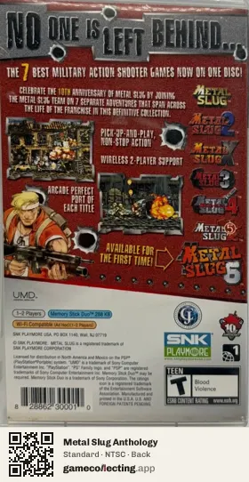 Metal Slug Anthology PlayStation Portable, NTSC box back