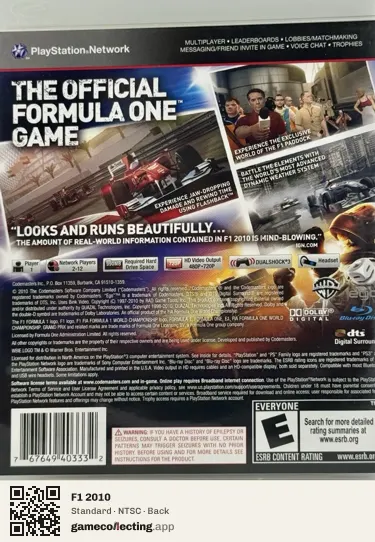 F1 2010 PlayStation 3, NTSC box back