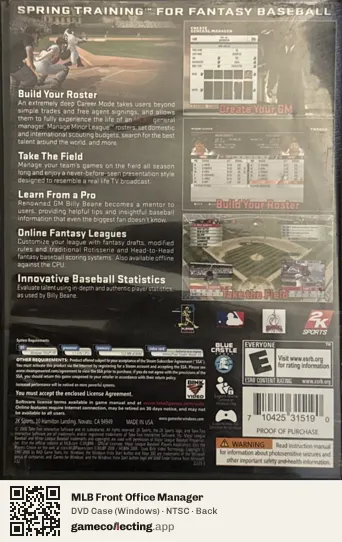 MLB Front Office Manager Computer, NTSC box back