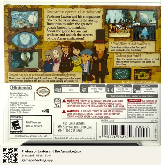 Professor Layton and the Azran Legacy Nintendo 3DS, NTSC box back