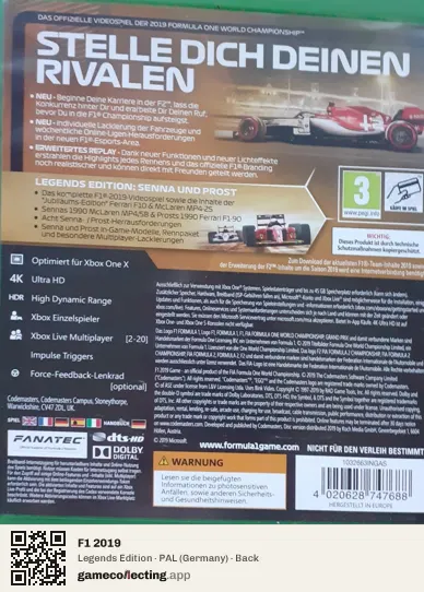 F1 2019 Xbox One, Germany box back