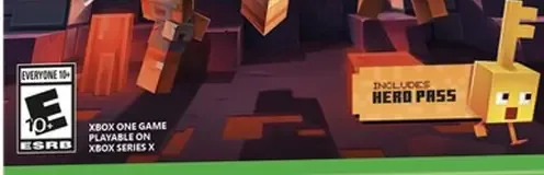 Minecraft Dungeons, the ESRB box on its front