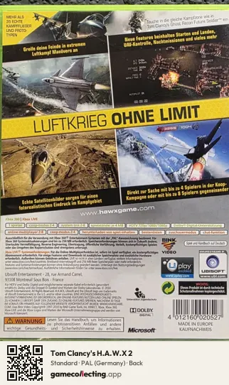 Tom Clancy's H.A.W.X 2 Xbox 360, Germany box back