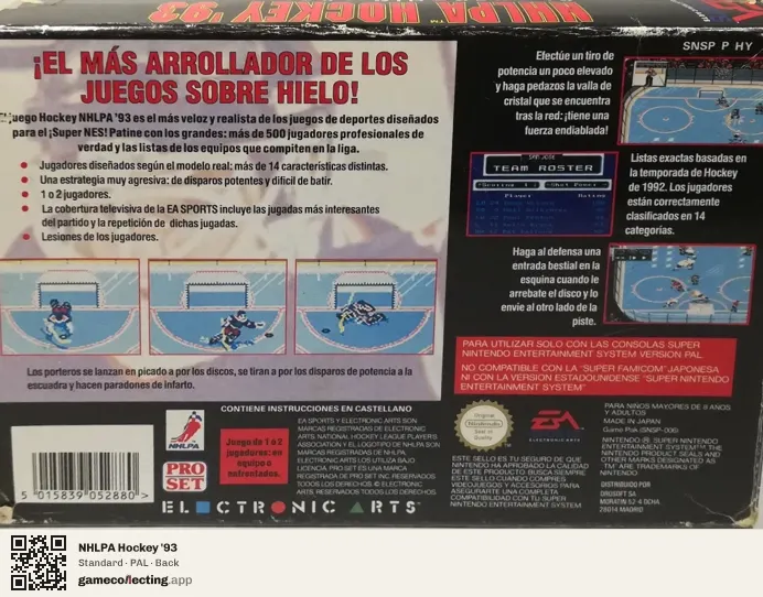 NHLPA Hockey '93 Super Nintendo Entertainment System, PAL box back