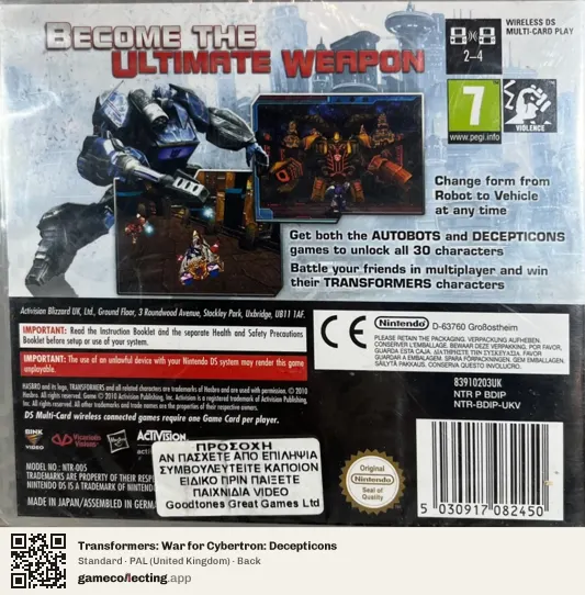 Transformers: War for Cybertron: Decepticons Nintendo DS, United Kingdom box back