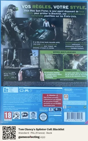Tom Clancy's Splinter Cell: Blacklist Nintendo Wii U, France box back