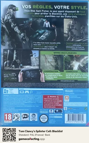 Tom Clancy's Splinter Cell: Blacklist Nintendo Wii U, France box back
