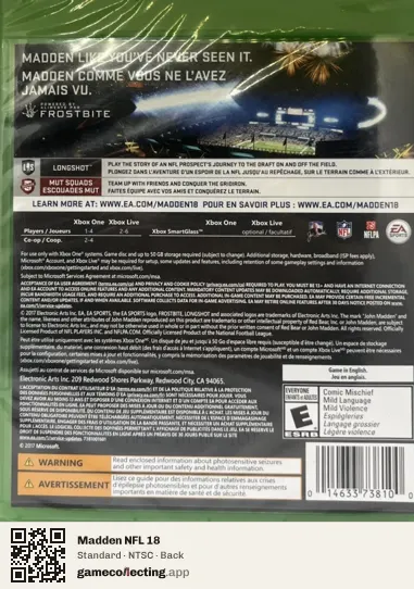 Madden NFL 18 Xbox One, NTSC box back