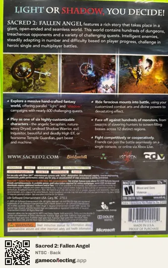 Sacred 2: Fallen Angel Xbox 360, NTSC box back
