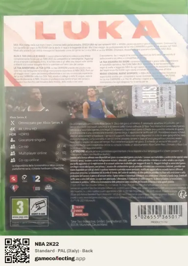 NBA 2K22 Xbox Series X, Italy box back