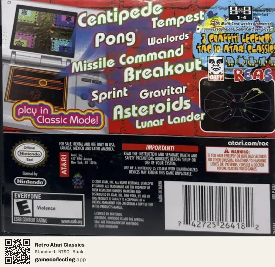 Retro Atari Classics Nintendo DS, NTSC box back